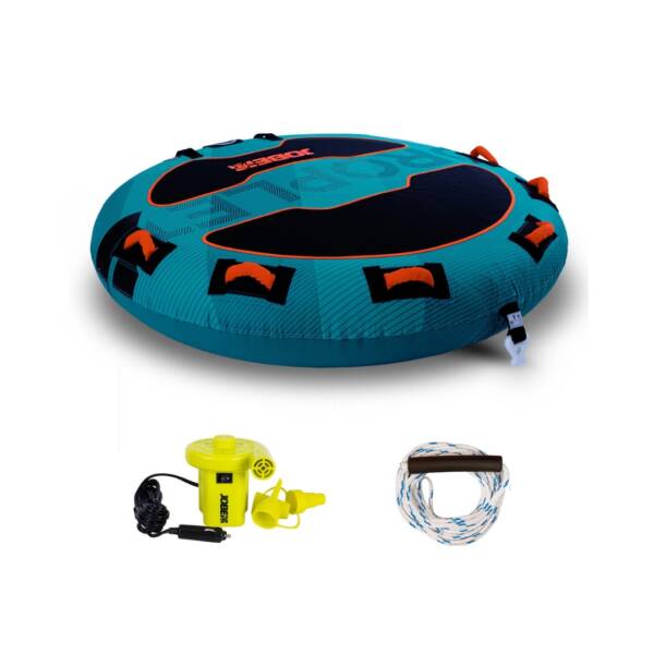 Trainabile Jobe Droplet 2P per 2 persone. Robusta struttura in PVC 24G e copertura in nylon 420 denari. La sua forma rotonda offre una scorrevolezza ottimale, e le 6 maniglie con protezioni in neoprene assicurano una presa salda. Set completo