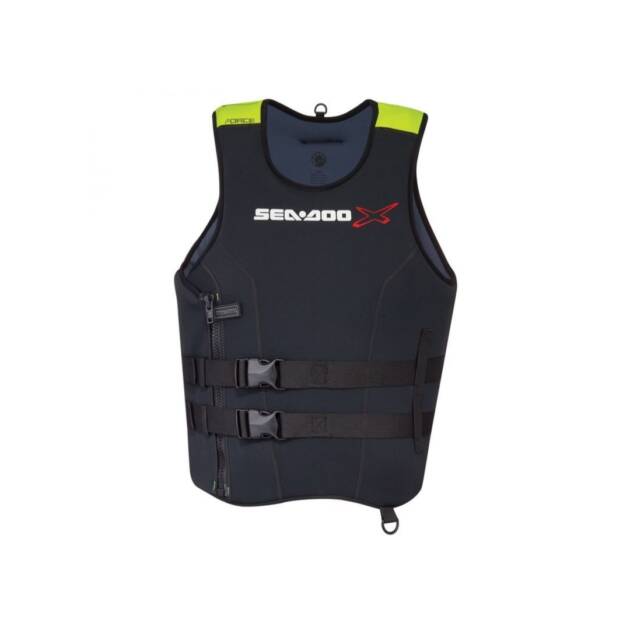 Giubbotto salvagente Sea-Doo Force Pullover uomo in neoprene black, con taglio ergonomico, zip laterale YKK, inserti drenanti in rete e dettagli funzionali per uso sportivo