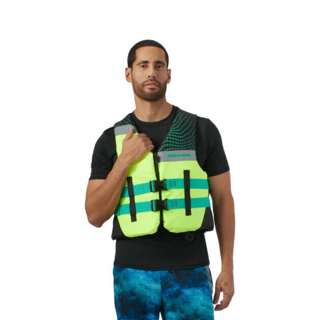 Giubbotto salvagente Sea-Doo PFD Motion unisex in nylon resistente, con zip, fibbie regolabili e anello posteriore per occhiali. Colore yellow alta visibilità