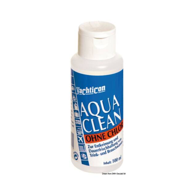 Aqua Clean per serbatoi acqua dolce Osculati YACHTICON, flacone visibile con etichetta chiara, pronto per l'uso nella pulizia di serbatoi d'acqua.