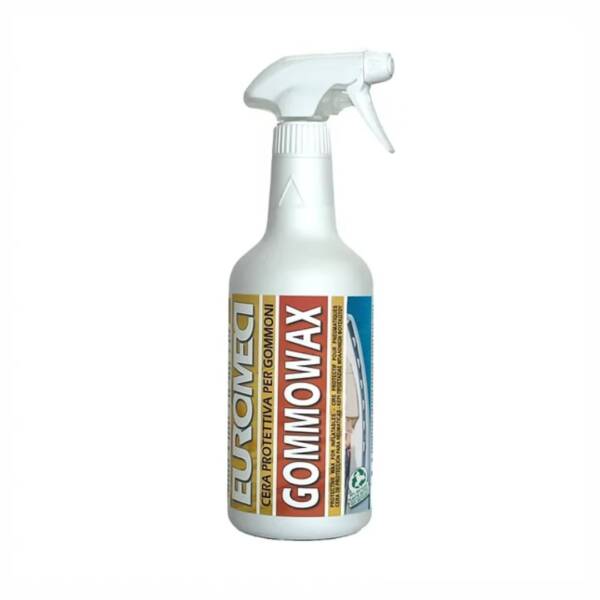 Flacone di Gommowax 750 ml, cera protettiva e lucidante per gommoni, con formula rigenerante per mantenere la gomma morbida e brillante.