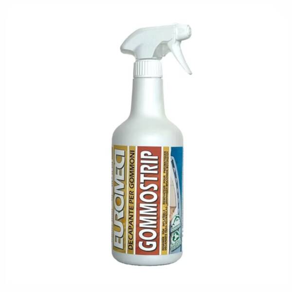 Flacone di Euromeci Gommostrip 750 ml, decapante per gommoni con formula potenziata per pulire e rinnovare superfici in PVC, Neoprene e Hypalon.