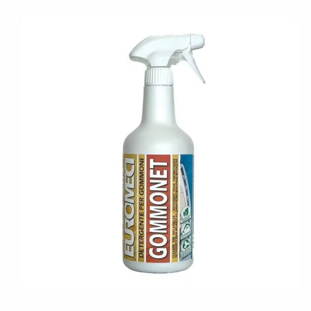 Flacone da 750 ml di Detergente per gommoni Euromeci Gommonet con spruzzatore integrato, ideale per la pulizia quotidiana di gommoni in vari materiali.