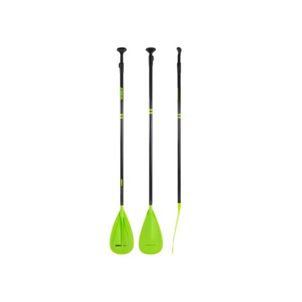 Pagaia SUP Jobe Fusion 3 parti in colore lime, con albero in fibra di vetro e carbonio, regolabile e leggera