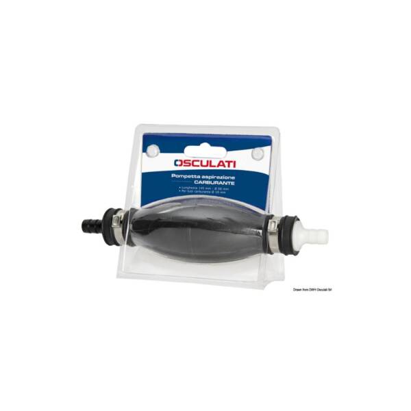 Pompetta di aspirazione carburante Osculati, visibile nella sua forma compatta, pronta per l'uso in operazioni di trasferimento carburante. Misura diametro 50 mm.