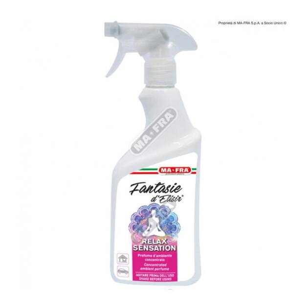 Flacone da 500 ml di Ma-Fra Fantasie d’Elisir Relax Sensation, profumatore auto e ambienti con fragranza floreale e dolce.