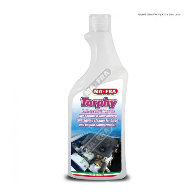 Flacone di Pulitore emulsionante Ma-Fra Torphy 750 ml, detergente specifico per sentina e vano motore, con formula potente contro grasso e carburante.