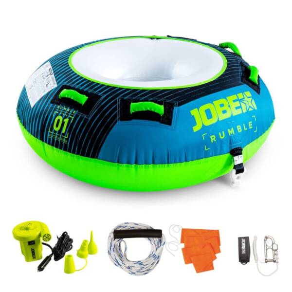 Trainabile Jobe Rumble 1P verde acqua per un solo passeggero. Struttura in PVC 24G con copertura in nylon 420D, 4 impugnature imbottite in neoprene. Set completo