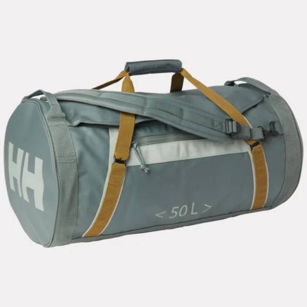 Immagine del borsone sportivo Helly Hansen HH Sporty 50L in colore grey cactus, con cinghie superiori e spallacci imbottiti rimovibili.