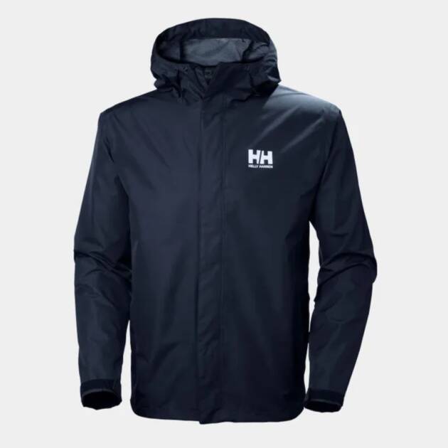 Giacca antipioggia Helly Hansen Seven J da uomo, colore navy, con cappuccio regolabile e chiusura zip, ideale per escursioni e trekking sotto la pioggia.