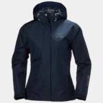Giacca antipioggia Helly Hansen Seven J da donna, colore navy, con cappuccio regolabile e chiusura con zip frontale.