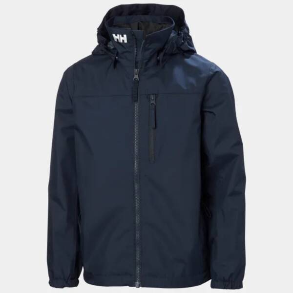 Giacca con cappuccio Helly Hansen Crew da bambino, di colore navy, con zip frontale, logo sul petto e cappuccio removibile.
