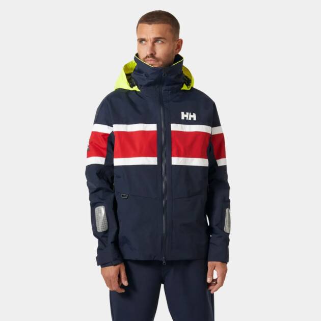 Vista frontale della giacca da vela Helly Hansen Salt Original da uomo in colore navy, con dettagli riflettenti