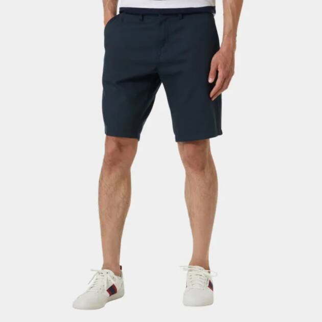 Pantaloncini Helly Hansen Dock 10" da uomo in tessuto misto cotone biologico e canapa, con tasche anteriori e posteriori e chiusura con bottone e zip. Colore navy