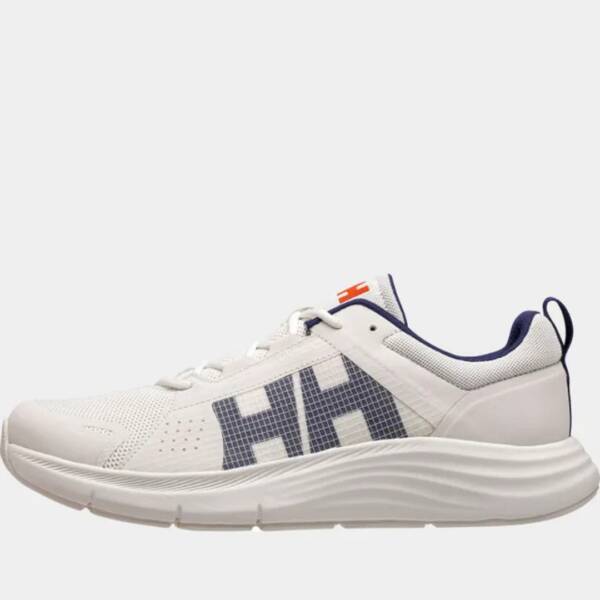Scarpe Helly Hansen HP Ahiga Evo 5 Marine da uomo in colore off white, vista laterale che mostra il design moderno e la suola antiscivolo.