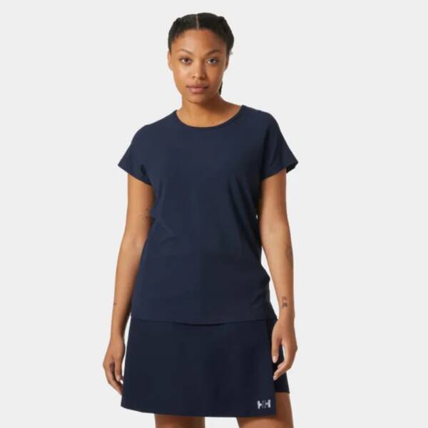 Top Helly Hansen Crewline da donna in tessuto tecnico navy, con maniche raglan e logo HH sulla manica.