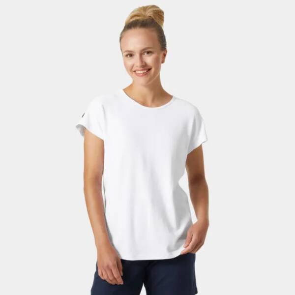 Top Helly Hansen Crewline da donna in tessuto tecnico white, con maniche raglan e logo HH sulla manica.