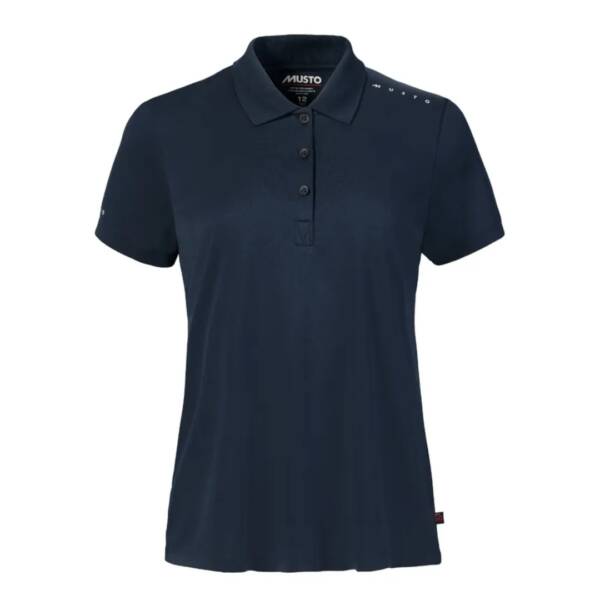 Polo tecnica donna Musto Evo a maniche corte, tessuto traspirante con protezione solare UPF 50, ideale per attività outdoor e giornate estive. Colore navy