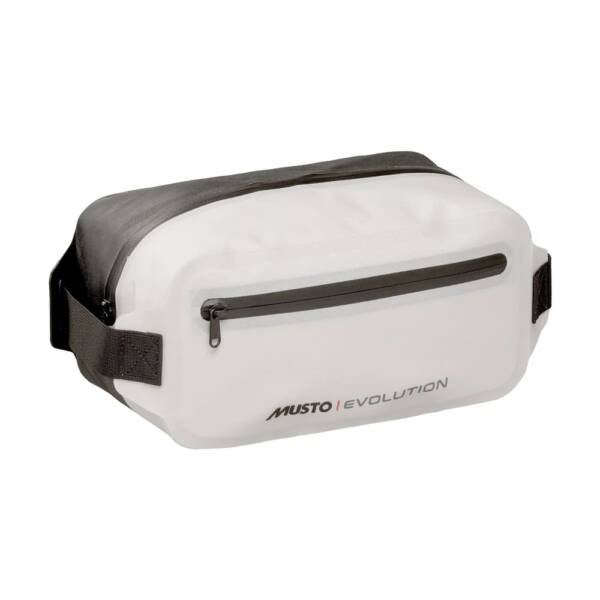 Marsupio impermeabile nautico Musto Evolution Dry in colore platino, con tracolla regolabile e cerniere YKK resistenti all'acqua, ideale per attività outdoor.