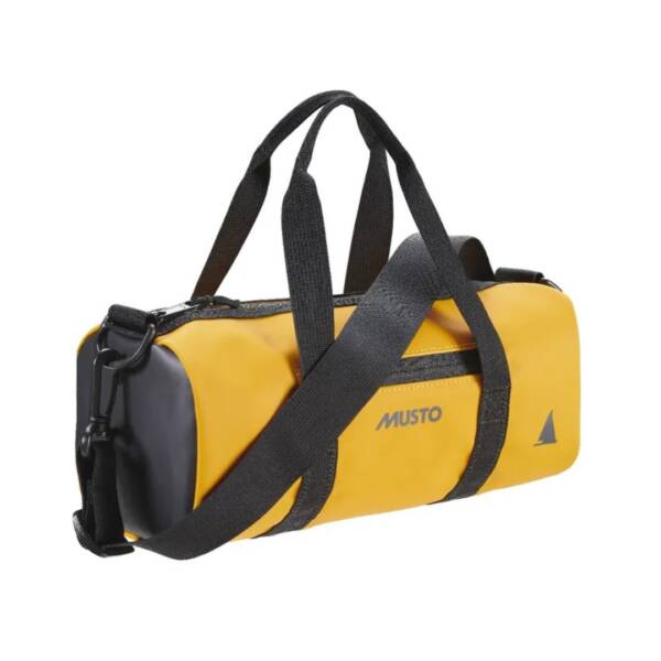 Borsone impermeabile Musto Genoa Mini Carryall 2.0 in colore gold con tracolla regolabile e tasca frontale.