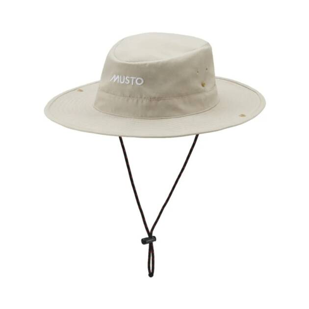 Cappello tesa larga Musto ad asciugatura rapida con protezione solare UPF 40, colore light stone, vista frontale.