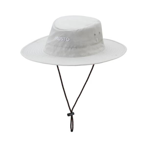 Cappello tesa larga Musto ad asciugatura rapida con protezione solare UPF 40, colore platinum, vista frontale.