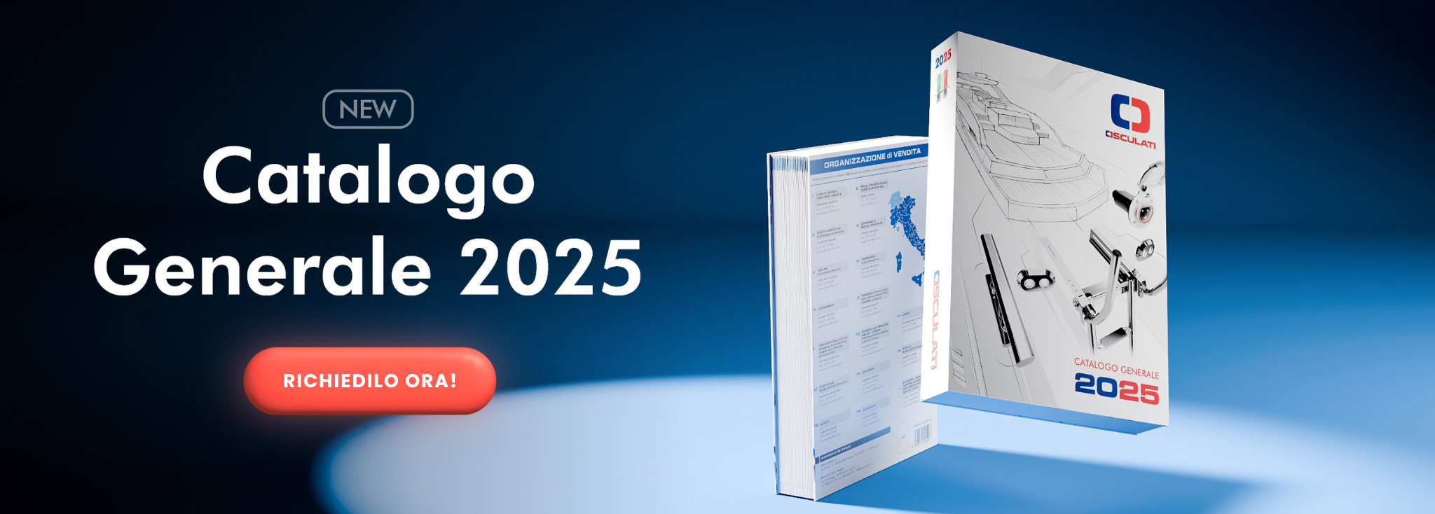 Catalogo Osculati 2025 con click button rosso "richiedilo ora" su sfondo blu