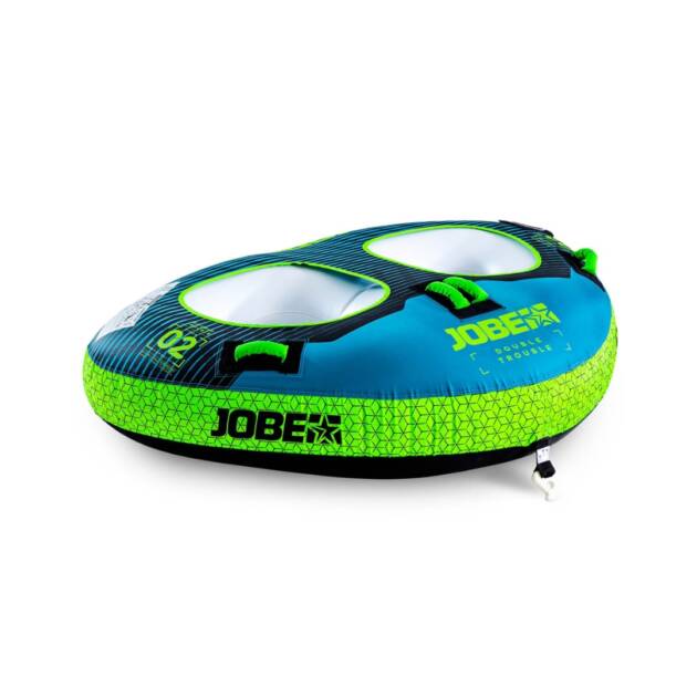 Trainabile Jobe Double Trouble 2P gonfiabile verde e blu per due persone con manici in neoprene, ideale per sport acquatici.