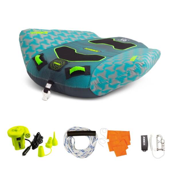 Trainabile Jobe Hydra 1P gonfiabile per sport acquatici, colore vivace, design affilato con maniglie in neoprene. Set completo con pompa e corda da traino