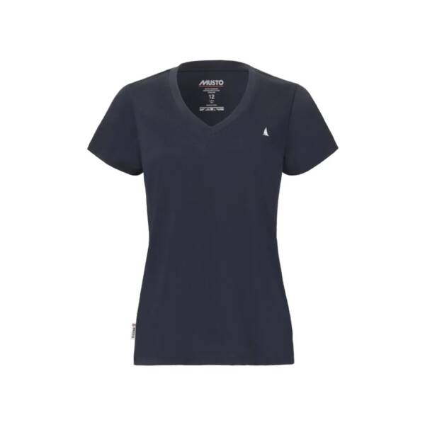 T-shirt scollo V donna Musto Original a maniche corte in cotone e logo ricamato. Colore navy