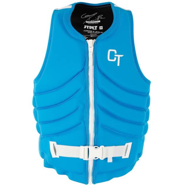 Gilet salvagente JETPILOT Quantum X F/E Vest - Cory di colore blue, in neoprene elasticizzato, con chiusura frontale a zip e logo CT di Cory Teunissen