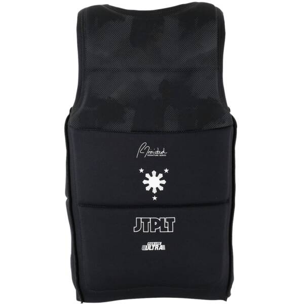 Vista frontale del giubbotto salvagente Jetpilot Raph Recon Neo Vest in neoprene, colore nero, con chiusura zip e design ergonomico.