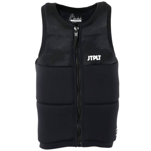Vista frontale del giubbotto salvagente Jetpilot Raph Recon Neo Vest in neoprene, colore nero, con chiusura zip e design ergonomico.
