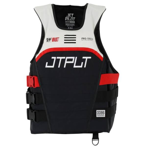 Giubbotto salvagente Jetpilot RX VAULT PROTECH S/E VEST colore nero con supporto lombare e chiusura laterale, indossato da rider su moto d’acqua.