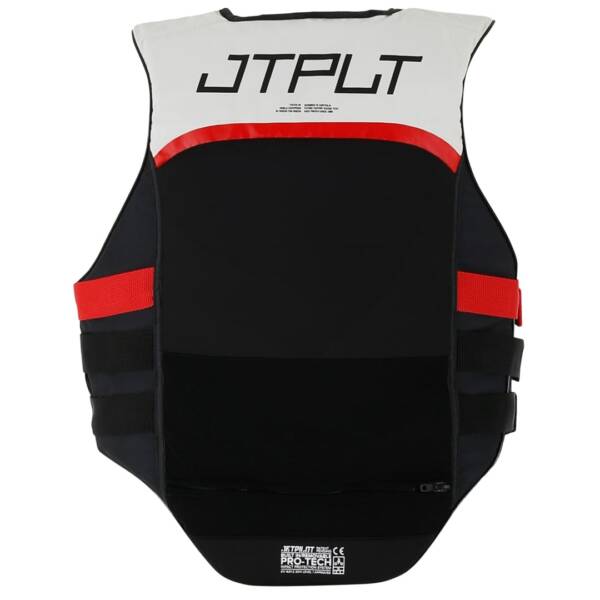 Giubbotto salvagente Jetpilot RX VAULT PROTECH S/E VEST colore nero con supporto lombare e chiusura laterale, indossato da rider su moto d’acqua.