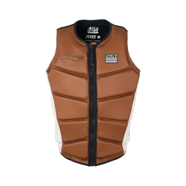 Gilet salvagente Jetpilot JB C4 F/E Eco uomo colore Rust, vista frontale con zip PK Lok e patch personalizzato JB Oneill