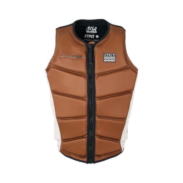 Gilet salvagente Jetpilot JB C4 F/E Eco uomo colore Rust, vista frontale con zip PK Lok e patch personalizzato JB Oneill
