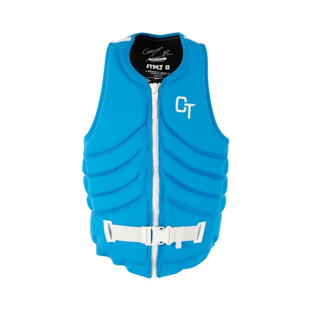 Gilet salvagente Jetpilot Cory Quantum F/E uomo colore Blue, vista frontale con zip PK Lok e dettagli neoprene 360° stretch