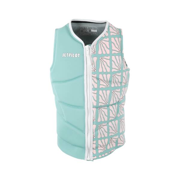 Gilet salvagente Jetpilot Isla X1 F/E Neo donna colore Teal: vista su modello femminile in acqua, colore teal, zip frontale resistente, taglio anatomico ad alte prestazioni