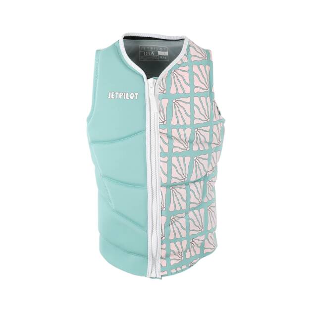 Gilet salvagente Jetpilot Isla X1 F/E Neo donna colore Teal: vista su modello femminile in acqua, colore teal, zip frontale resistente, taglio anatomico ad alte prestazioni