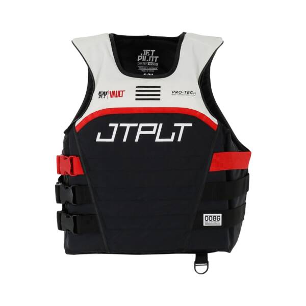 Gilet salvagente Jetpilot RX Vault Pro-Tech uomo colore Black/White: vista frontale con dettaglio zip YKK, paraschiena rimovibile e pannello personalizzabile race