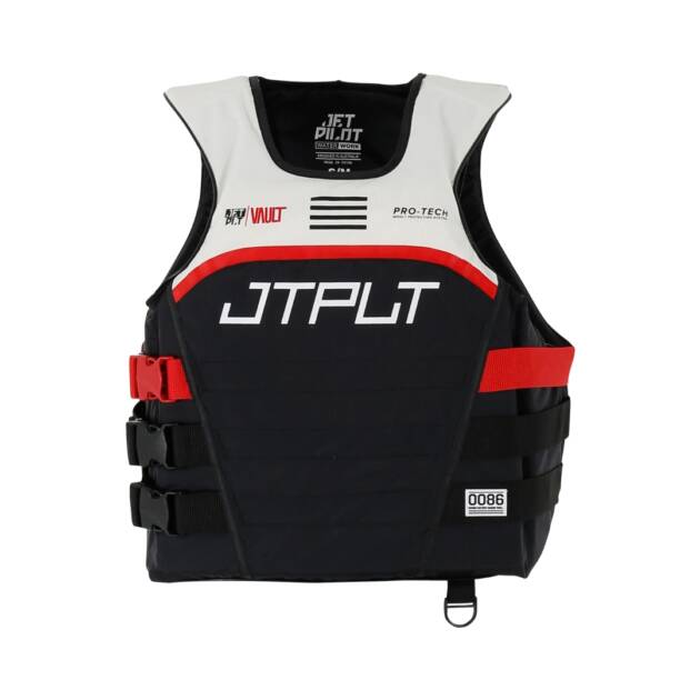 Gilet salvagente Jetpilot RX Vault Pro-Tech uomo colore Black/White: vista frontale con dettaglio zip YKK, paraschiena rimovibile e pannello personalizzabile race