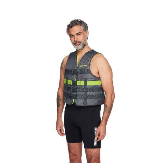 Vista frontale del giubbotto salvagente Sea-Doo Navigator unisex colore grey, con zip, fibbie regolabili e dettagli di sicurezza.