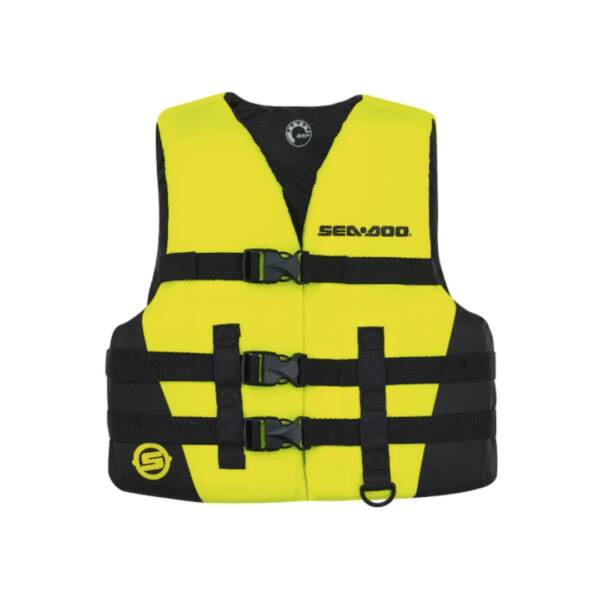 Giubbotto salvagente Sea-Doo Sandsea Junior yellow ad alta visibilità con fibbie regolabili, in nylon resistente e taglio comodo.