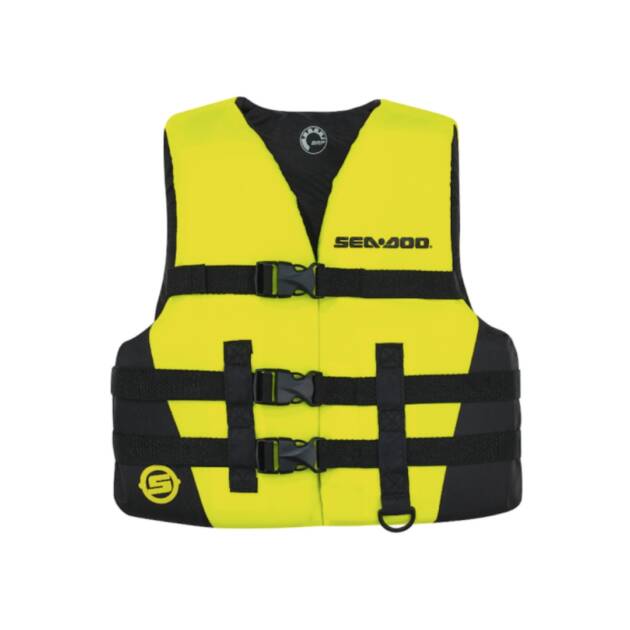 Giubbotto salvagente Sea-Doo Sandsea Junior yellow ad alta visibilità con fibbie regolabili, in nylon resistente e taglio comodo.