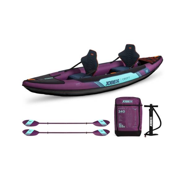 Kayak gonfiabile Jobe Croft 2 posti in acqua con pagaie, pompa e borsa inclusi, colore Sunset purple.