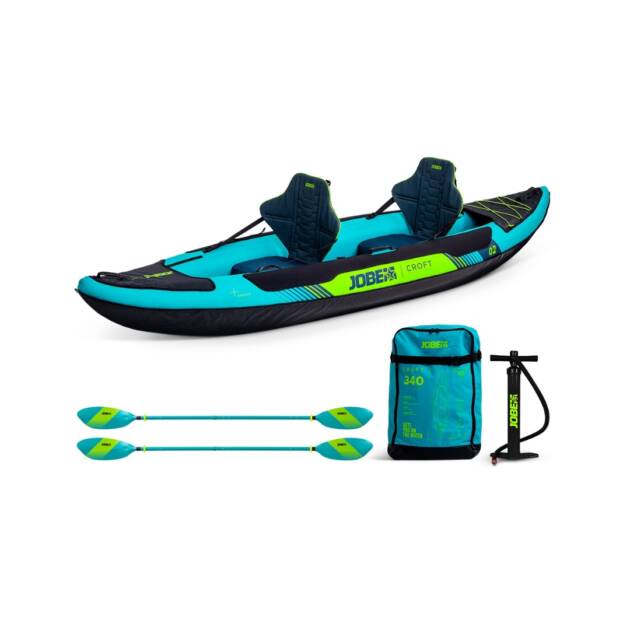 Kayak gonfiabile Jobe Croft 2 posti in acqua con pagaie, pompa e borsa inclusi, colore Teal
