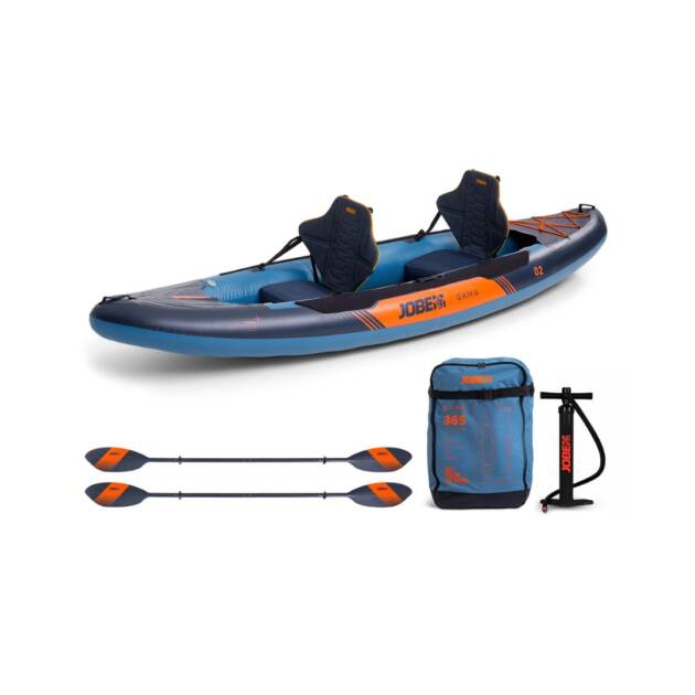 Kayak gonfiabile Jobe Gama per 2 persone, completo di pagaie, sedili, pompa e borsa, colore Midnight Blue