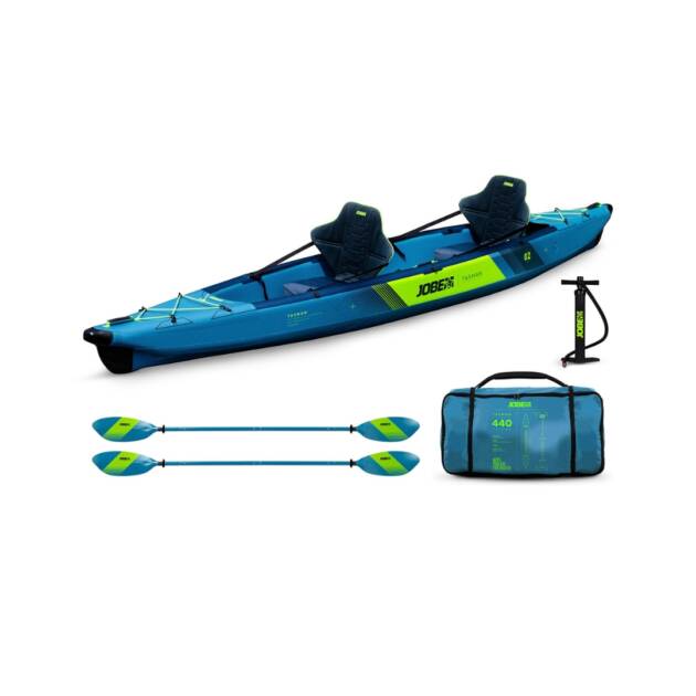 Kayak gonfiabile Jobe Tasman 2 posti in acqua con pagaie, sedili e borsa da trasporto inclusi. Colore Steel blue