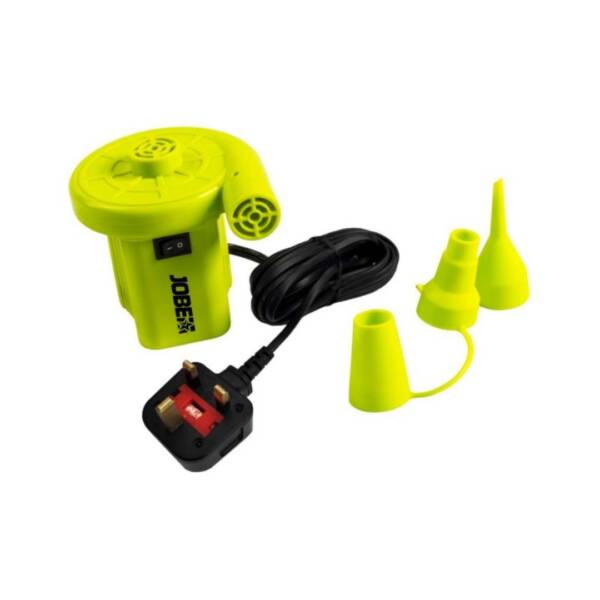 Pompa d'aria elettrica Jobe 230V con spina UK, design compatto, tre ugelli inclusi, ideale per gonfiaggio rapido di attrezzature acquatiche